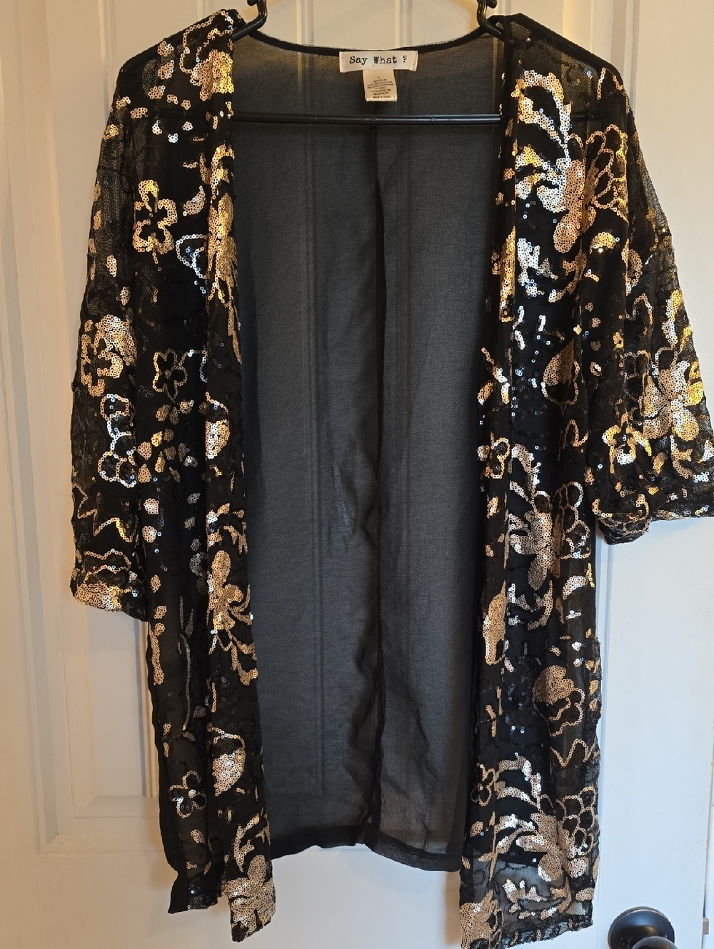 Say What? Black Sheer Kimono with Gold Sequin Floral Accents